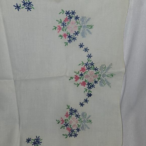 Vintage Embroidered Floral Design Table Runner 40" x 16" Blue Green Pink White - Picture 5 of 13